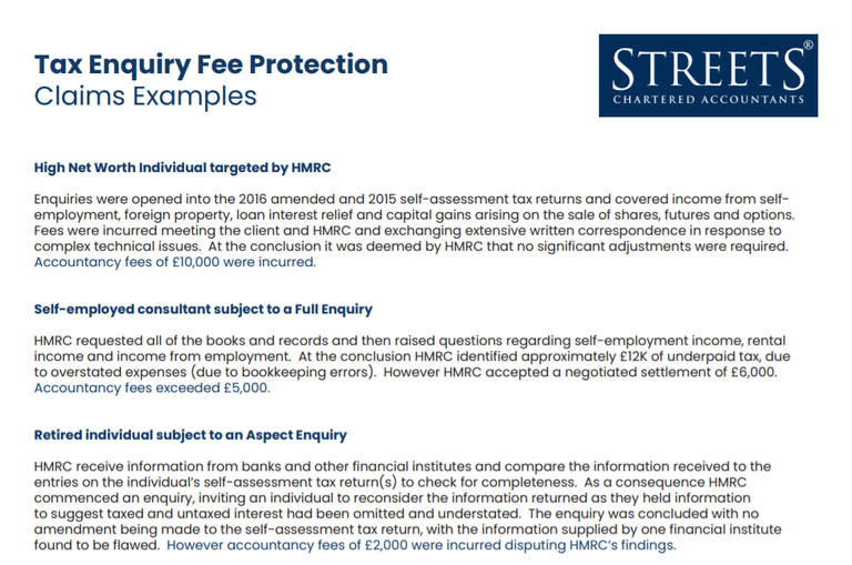 Tax Enquiry Fee Protection Personal Claims examples